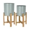 Koopman Olive Green Steel Planter With Wooden Stand