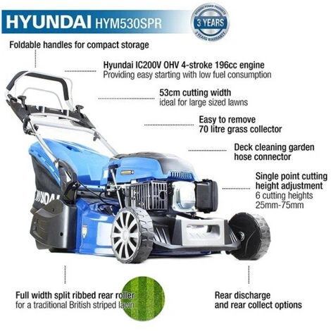 Petrol Rear Roller Lawnmower Hyundai HYM530SPR 21" 530mm Self Propelled 196cc - Includes 600ml Engine Oil 4 Petrol Rear Roller Lawnmower Hyundai HYM530SPR 21" 530mm Self Propelled 196cc - Includes 600ml Engine Oil - Image 2