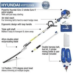 Petrol Pole Hedge Trimmer/Pruner Hyundai HYPT5200X 52cc Long Reach -Garden Care 23422840 2