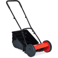 Relaxdays Hand Mower With Grass Box, Quiet, Adjustable Cutting Height, 29 Cm Cutting Width, Cylinder Cutter, Black, Red